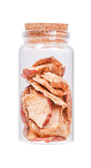Dried apples in a glass bottle with cork stopper, isolated on wh