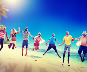 Fototapeta premium Diverse Beach Summer Friends Fun Jump Shot Concept