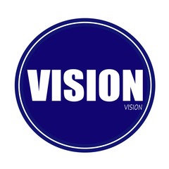 VISION white stamp text on blue