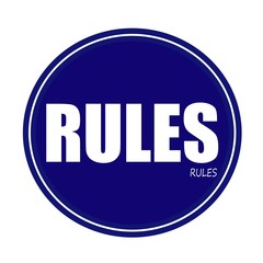 RULES white stamp text on blue