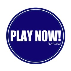 PLAY NOW white stamp text on blue