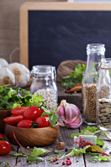 Tomatoes, salad leaves, beans and rice