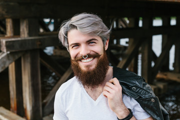 Bearded hipster with nose ring  outdoor - 86371841