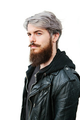 Obraz premium Bearded hipster with nose ring in leather jacket