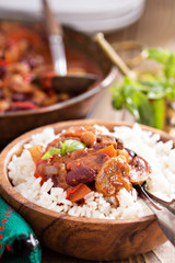 Vegan bean chili served on rice