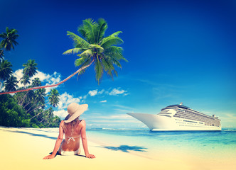 Woman Sunbathe Sunny Summer Beach Relaxing Concept