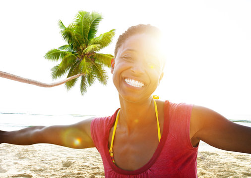 African Woman Beach Happiness Freedom Concept