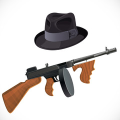 Fedora hat and a Thompson gun for a retro party