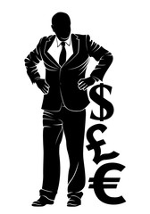 Businessman. Boss with money symbols. Vector silhouette on white background