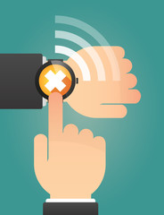 Hand pointing a smart watch with an irritating substance sign