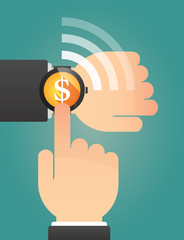Hand pointing a smart watch with a dollar sign