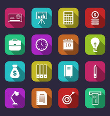 Business and financial items, colorful flat icons with long shad