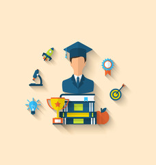 Flat icons of magister and objects for high school and college,