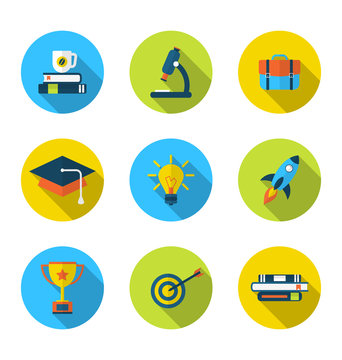 Flat icons of elements and objects for high school and college e