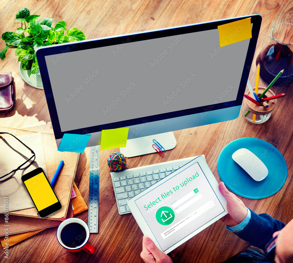 Poster businessman digital devices web uploading working concept
