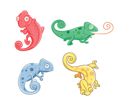 Set with four multi-colored cartoon chameleons.