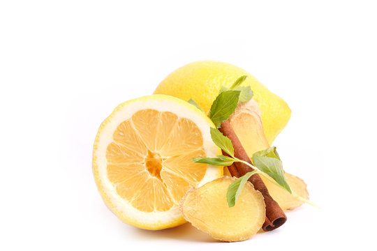 Lemon ginger cinnamon mint isolated on white background