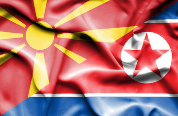Waving flag of North Korea and Macedonia