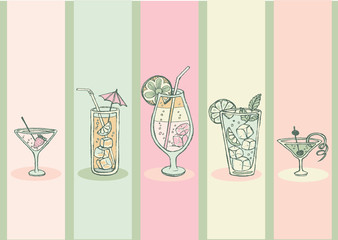 doodle cocktail set. Pastel color background with juice, cocktails, and fruits.