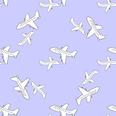 Travel pattern with a plane and an airbus on color background. Use for wallpapers, pattern fills, web pages background, surface textures