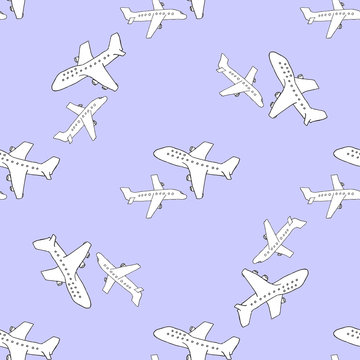Travel pattern with a plane and an airbus on color background. Use for wallpapers, pattern fills, web pages background, surface textures