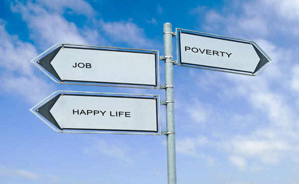 Direction road sign with  words Job,Happy life,poverty