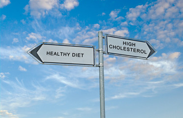 Road sign to healthy diaet and high cholesterol
