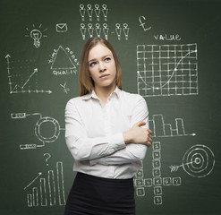 Business lady is thinking about optimisation of the business process. Graphs and flowcharts are...