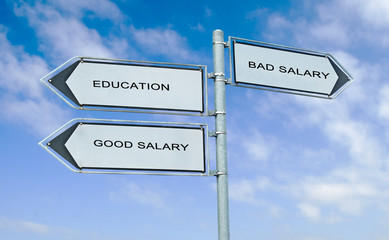 Fototapeta premium Direction road sign with words education, good salary, bad sala