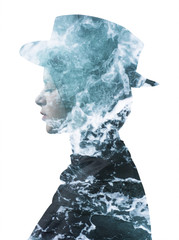 Double exposure of girl wearing hat and sea foam texture