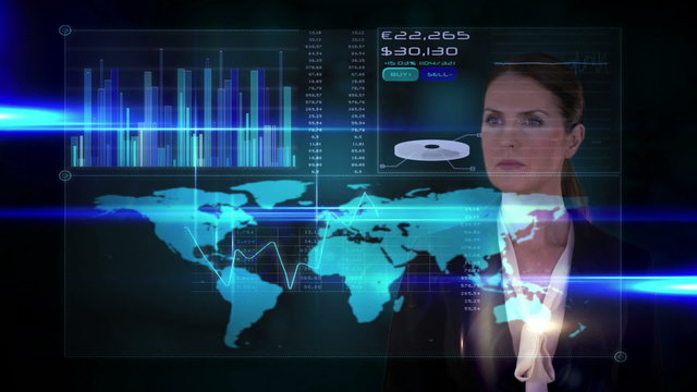 Businesswoman touching futuristic interface on black background