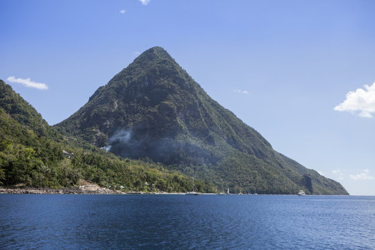 View of Petit Piton and volcanic smoke