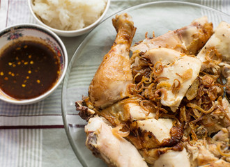 Roast chicken thai style with sticky rice and spicy sauce