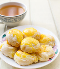 Chinese Cake and hot tea, selective focus point