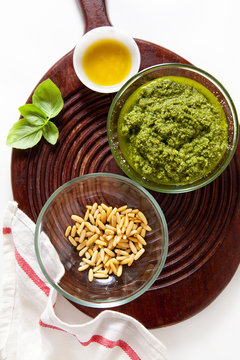 pesto of basil leaves, parmesan cheese, pine nuts, olive oil. It