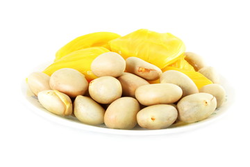 ripe jackfruit with seeds on white background 