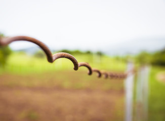 Metal wire enclosing a pasture, closeup photo