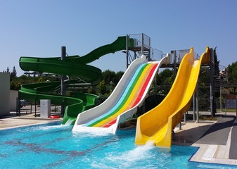 Colorful water slides and pool