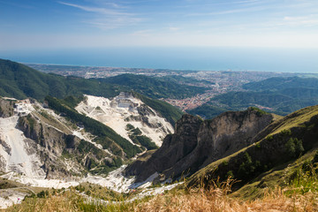 Panoramic view of Carrara's marble quarries in Tuscany, Italy