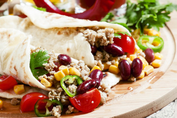 Traditional Mexican burritos with meat and beans, selective focu