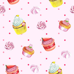 Watercolor seamless pattern with cupcakes. Hand drawn design. 