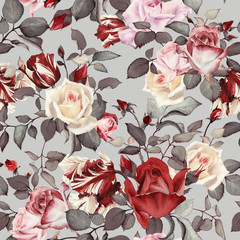 Seamless floral pattern with roses, watercolor