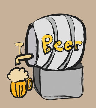doodle metal barrel of beer, mug of beer  and  faucet