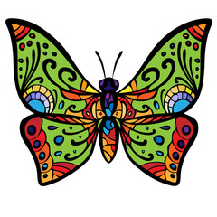 The stylized image of a butterfly, painted in psychedelic colors. Vector graphics.
