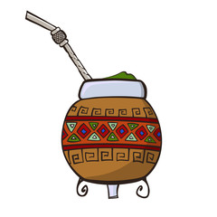 Calabash, decorated with ornaments, and Bombilla - a traditional set for drinking yerba mate. Vector art.
