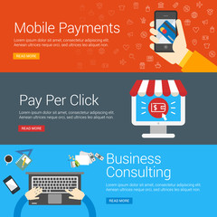 Flat Design Concept. Set of Vector Illustrations for Web Banners. Mobile Payments, Pay Per Click, Business Consulting