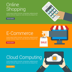 Flat Design Concept. Set of Vector Illustrations for Web Banners. Online Shopping, E-Commerce, Cloud Computing