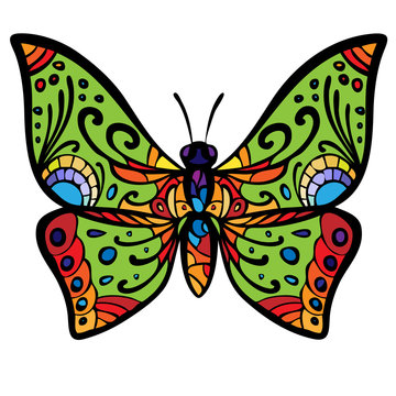 The stylized image of a butterfly, painted in psychedelic colors. Vector graphics.
