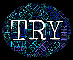 Try Currency Represents Turkey Liras And Banknotes