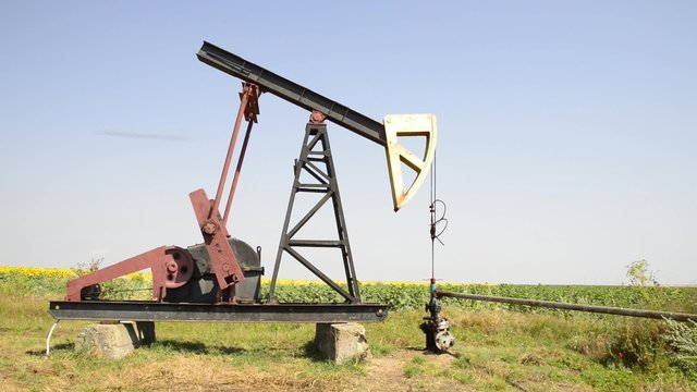 Oil well in a field of sunflowers